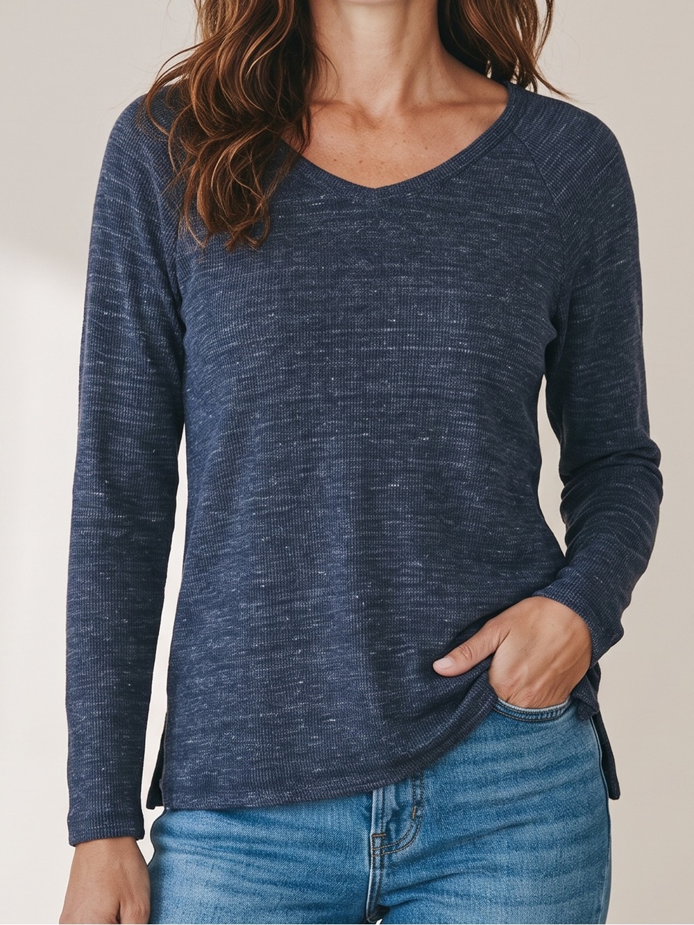 Christopher & Banks Petite Heathered Dark Blue Waffle Knit V-Neck Top P/L